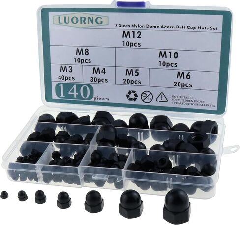 140PCS Black M3, M4, M5, M6, M8, M10, M12 Hex Protector Cap Assortment Kit Nylon Dome Acorn Bolt Cup Nuts Set for Protecting Hexagon Shaped Threads Rods Studs and Bolts in Saudi Arabia