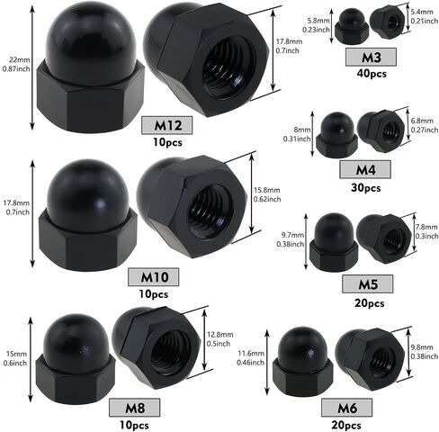 140PCS Black M3, M4, M5, M6, M8, M10, M12 Hex Protector Cap Assortment Kit Nylon Dome Acorn Bolt Cup Nuts Set for Protecting Hexagon Shaped Threads Rods Studs and Bolts in Saudi Arabia