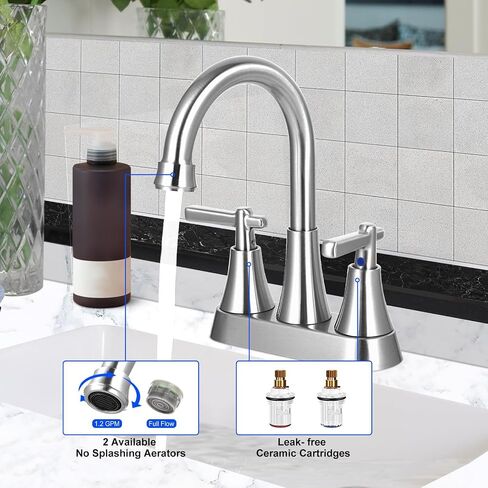 Bathroom Faucet, Bathroom Sink Faucet 3 Hole 4 Inch, Stainless Steel Lead-Free 2 Handles Centerset, with Pop-up Drain and 2 Supply Hoses for Bathroom RV Villas Vanity in Saudi Arabia