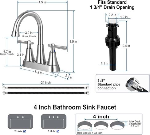 Bathroom Faucet, Bathroom Sink Faucet 3 Hole 4 Inch, Stainless Steel Lead-Free 2 Handles Centerset, with Pop-up Drain and 2 Supply Hoses for Bathroom RV Villas Vanity in Saudi Arabia
