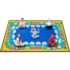 Classroom Rug Carpet Learning Educational Elementary School Daycare Nursery Non Slip Soft Washable ABC Numbers Reading Alphabet Letter Seating Area Rug (7.5 x 13, E010-TrainABC-Economy)
