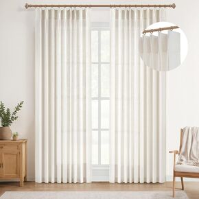 Linen Pinch Pleated Curtains Semi Sheer Curtains 84 Inches Long Light Filtering Curtains for Living Room Pinch Pleated Sheer Curtains with Hooks 2 Panels，40" W x 84" L,Sand Beige