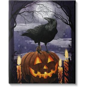 Stupell Industries Spooky Halloween Night Sky Crow Jack-o'-Lantern Full Moon, Designed by Grace Popp Canvas Wall Art, 16 x 20, Orange