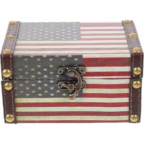 STOBAZA Treasure Chest Box American Flag Box Lockable Vintage Tin Treasure Box Treasure Chest Trunk Keepsake Box Wooden Leather Decorative Storage Box Present for Boy Present