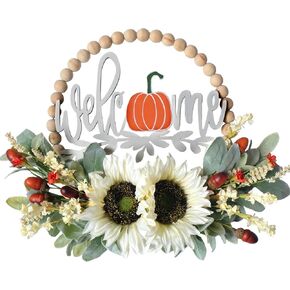 TEMPUS 16" Fall White Sunflower Wreath for Front Door Hanging Wall Decoration Thanksgiving Home Farmhouse Decor