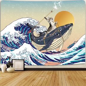 نسيج SparkLia المضحك للقطط، حوت ركوب القطط في المحيط الياباني أمواج كاناغاوا، مفروشات معلقة على الحائط لغرفة النوم، وغرفة المعيشة - 51 بوصة × 59 بوصة in Kuwait