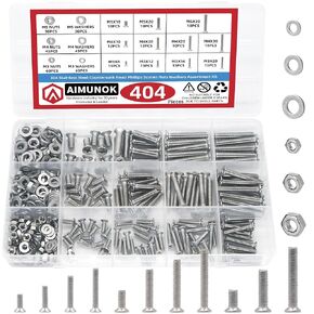 404 Pieces Machine Screws Nuts Washers Set, AIMUNOK M3/M4/M5 x 8/10/12/16/20/25/30mm Phillips Countersunk Head Machine Screws Nuts Washers Assortment Kit, 304 Stainless Steel, Fully Threaded
