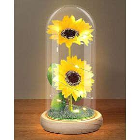 Sunflower Glass Light For Women,Preserved Sunflowers Decor for Her with LED Strip in Glass Dome, Romantic Gift on Birthday, Anniversary, Mother's Day, Wedding, Christmas,Valentine's Day For Women
