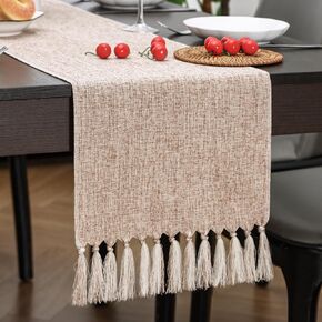 Aofmee Beige Table Runner 72 Inches Long, Burlap Linen Style Rustic Farmhouse Table Runner for Everyday Use, Boho Woven Table Runner with Tassels for Dining Living Room Bedroom Dresser Decor Easy Care