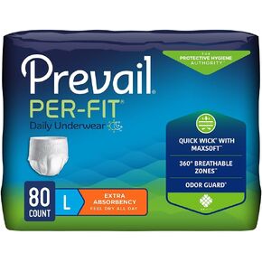 Prevail Per-Fit Daily Protective Underwear, Unisex Adult Disposable Diaper for Men& Women, Extra Absorbency, Large, 44"-58" Waist, 80 Count Case