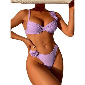 Floerns Women's 2 Piece 3D Flower Bikini Swimsuit Push Up Ruched Bathing Suit