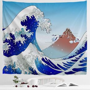 IcosaMro Great Wave Tapestry for Bedroom Wall Hanging Art Large Wall Decor with Hemmed Edges, Ocean Tapestry The Great Wave Off Kanagawa with Fuji Mountain, 51x60 Inches, Blue