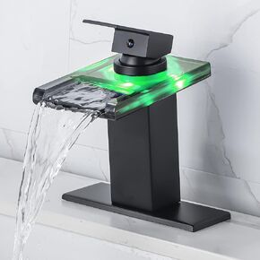 LED Bathroom Sink Faucet - Matte Black Single Hole or 4 Inch Centerset Waterfall Faucet with Stainless Steel Spout and Temperature-Sensitive LED Lights, Includes Deck Plate