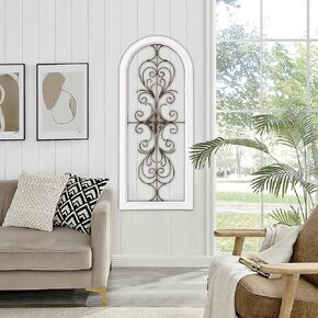 Sintosin Rustic Metal Flowers Wall Decor 11.8", Hanging Wood and Metal Wall Decor Living Room, Vintage Distressed White and Gold Square Wood Frame 3D Metal Wall Art for Bedroom Enterway Hallway