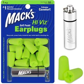 Mack's Hi Viz Soft Foam Earplugs, 7 Pair with Travel Case - Most Visible Color, Easy Compliance Checks, 32dB High NRR - Comfortable, Safe Ear Plugs for Shop Work, Industrial Use and Motor Sports