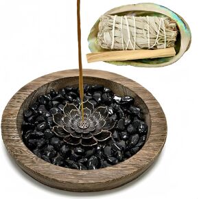 5 in 1 Larger Incense Holder for Sticks,Crystal Lotus Incense Holder,Sage Burner Holder,Candle Holder, Abalone Shell Burner, Obsidian Healing and Sleep Aid Incense Holder (Black)