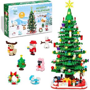 Advent Calendar 2024 Kids, 1025 Pieces Christmas Tree Building Set with lights, 24 Days Christmas Countdown Calendar Toy Building Blocks for Adult Boys Kids 6+