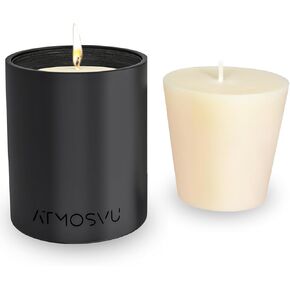 Reusable Candle Holder + Refill Candle | ATMOSVU | Refillable Candle Holder for Home Scented | Eco-Friendly Soy Wax Candle Scented | Black Candle Holder (Lavender Candle, Lemongrass Candle)