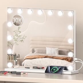 Vanity Mirror with Lights,22.8" x 18.1"Makeup Mirror with 15 Dimmable LED Bulbs,Hollywood Mirror with 3 Color Modes，Adjustable Brightness, USB Charging Port，Detachable 10x Magnification