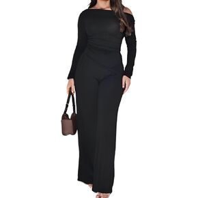 Women’s Fall 2 Piece Outfits Asymmetrical Ruched Long Sleeve Y2k Crop Top Wide Leg Pants Lounge Sets Casual Tracksuit