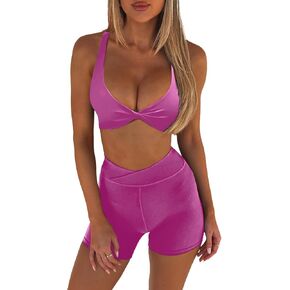 2 Piece Workout Sets for Women Twist Front Halter Crop Tops and High Waist Yoga Gym Shorts Two Piece Outfits