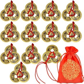Feng Shui I-Ching Coins Chinese Fortune Coins Red String for Wealth and Success Traditional Decoration (3PCS)