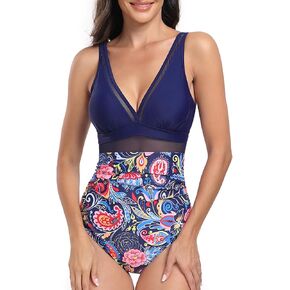 Women's One Piece Swimsuits Deep V Neck Bathing Suit Tummy Control Wide Adjustable Strap Monokini Swimwear High Cut