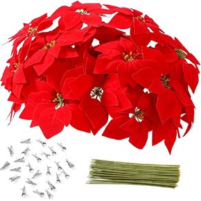 Luyue 12 Pcs Artificial Red Poinsettia Christmas Flowers with Stems Fake Christmas Floral Decorative Ornament for X’mas Tree Wreath Poinsettia Decor Holiday Decoration(with Stems and Clips)