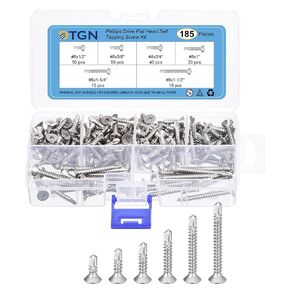 185Pcs Wood Screws Assortment Kit - 6 Sizes 410 Stainless Steel #8x1/2" - #8x1-1/2" Phillips Flat Head Self Tapping Screws