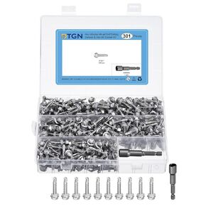 300Pcs #12x1" Hex Washer Head Self Drilling Screws, 410 Stainless Steel Self Tapping Sheet Metal Screw Set with Washer & Hex Bit Socket