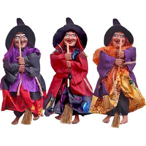 Halloween Hanging Witch Ornaments 3 PCS, 8" Halloween Hanging Witch Decorations Flying Witch Figures on Broomsticks Haunted House Hanging Props Halloween Party Decor (#A)