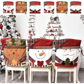 Christmas Dining Room Chair Back Cover Set of 6, Stretch Jacquard Chair Slipcover Removable Washable Chair Protector for Home, Restaurant,Santa Claus Snowman Reindeer Xmas Dinner Chairs Cover