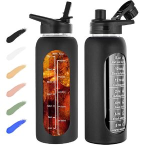 SIEROZUR 32oz Glass Water Bottle with 2 Lids-Handle Spout Lid & Straw Lid Large Sports Motivational Water Bottle with Silicone Sleeve and Time Marker Leakproof Reusable Water Jug for Gym