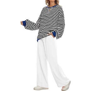 Women's 2 Piece Outfits Striped Color Block Oversized Sweatshirt Wide Leg Sweatpants Trendy Tracksuit Lounge Sets