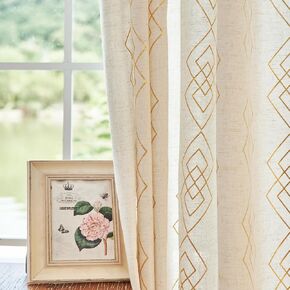 Linen Boho Curtains for Bedroom,84 Inches Long Curtains Gold Foil Metallic Stripe Print Panels for Living Room, Moroccan Beige Light Filtering Window Treatment Curtain 2 Panels Grommet Top
