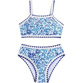 SHENHE Girl's High Waisted Swimsuit Floral Graphic Contrast Binding 2 Piece Tankini Set Swimwear