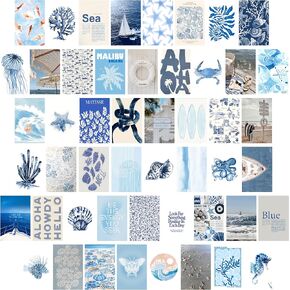 Beach Coastal Surf Wall Art - 4x6 Inches Set of 50 UNFRAMED Collage Posters & Prints - Blue Retro Beach Wall Decor - Summer Cowgirl Nautical Beachy Room Decor - Ocean Surfboard Granddaughter Room Wall Decor