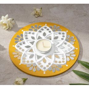 حامل شموع Tealight من IndoTribe - 6 بوصة، حامل شموع Lippan Tealight أصفر وأبيض | حامل إضاءة على شكل حرف T لديكورات ديوالي للمنزل، غانيش بوجا، ديكورات الزفاف الهندية in Kuwait