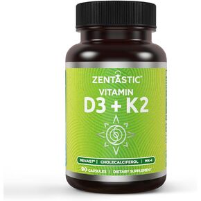 Zentastic فيتامين D3 K2، 5000 وحدة دولية و200 ميكروجرام، فيتامين D وMK7 وMK4 الحاصلين على براءة اختراع لدعم مركب 3 في 1 - نباتي، غير معدل وراثيًا، 90 كبسولة