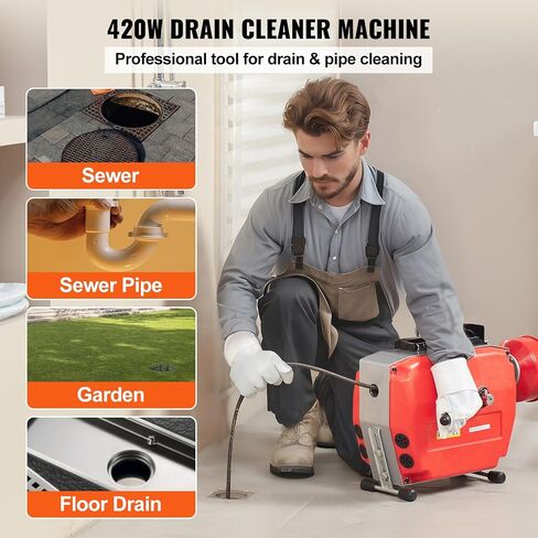 VEVOR 120FT x 7/8 Inch Drain Cleaner Machine, 420W Electric Sewer Snake Auger Manual Feed - with 6 Cutters, 2 Steel Cables (120' x 7/8" and 18' x 3/8") & CW/CCW Control for 1.9" to 6" Pipes in Saudi Arabia