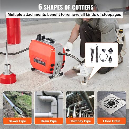 VEVOR 120FT x 7/8 Inch Drain Cleaner Machine, 420W Electric Sewer Snake Auger Manual Feed - with 6 Cutters, 2 Steel Cables (120' x 7/8" and 18' x 3/8") & CW/CCW Control for 1.9" to 6" Pipes in Saudi Arabia