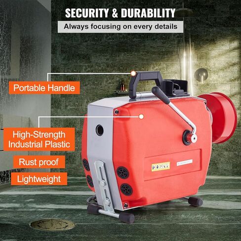 VEVOR 120FT x 7/8 Inch Drain Cleaner Machine, 420W Electric Sewer Snake Auger Manual Feed - with 6 Cutters, 2 Steel Cables (120' x 7/8" and 18' x 3/8") & CW/CCW Control for 1.9" to 6" Pipes in Saudi Arabia