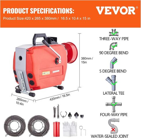 VEVOR 120FT x 7/8 Inch Drain Cleaner Machine, 420W Electric Sewer Snake Auger Manual Feed - with 6 Cutters, 2 Steel Cables (120' x 7/8" and 18' x 3/8") & CW/CCW Control for 1.9" to 6" Pipes in Saudi Arabia