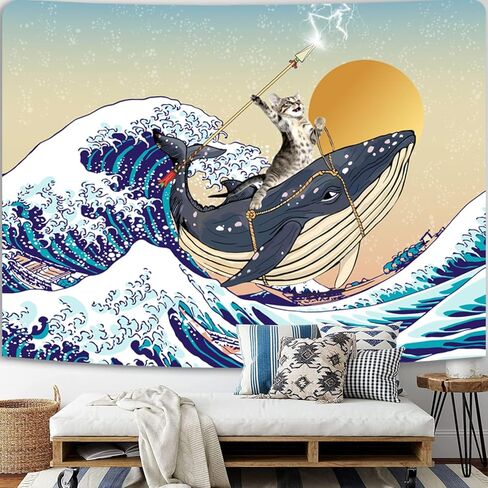 نسيج SparkLia المضحك للقطط، حوت ركوب القطط في المحيط الياباني أمواج كاناغاوا، مفروشات معلقة على الحائط لغرفة النوم، وغرفة المعيشة - 51 بوصة × 59 بوصة in Kuwait