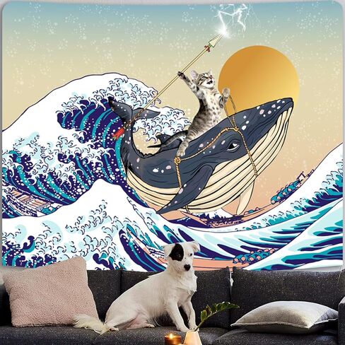 نسيج SparkLia المضحك للقطط، حوت ركوب القطط في المحيط الياباني أمواج كاناغاوا، مفروشات معلقة على الحائط لغرفة النوم، وغرفة المعيشة - 51 بوصة × 59 بوصة in Kuwait