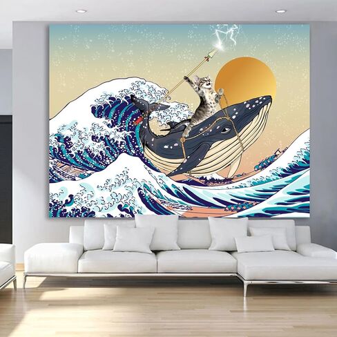 نسيج SparkLia المضحك للقطط، حوت ركوب القطط في المحيط الياباني أمواج كاناغاوا، مفروشات معلقة على الحائط لغرفة النوم، وغرفة المعيشة - 51 بوصة × 59 بوصة in Kuwait