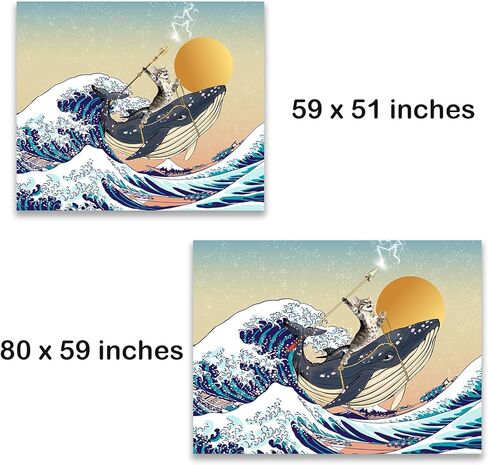 نسيج SparkLia المضحك للقطط، حوت ركوب القطط في المحيط الياباني أمواج كاناغاوا، مفروشات معلقة على الحائط لغرفة النوم، وغرفة المعيشة - 51 بوصة × 59 بوصة in Kuwait