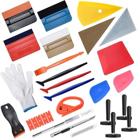 أدوات تغليف الفينيل ومجموعة تظليل النوافذ من REEVAA®، أدوات احترافية مكونة من 32 قطعة، طقم ممسحة تظليل الزجاج الأمامي والسيارة، طقم ممسحة مغناطيسية صغيرة، طقم ممسحة الزوايا، طقم تلوين لتثبيت الأفلام in Kuwait