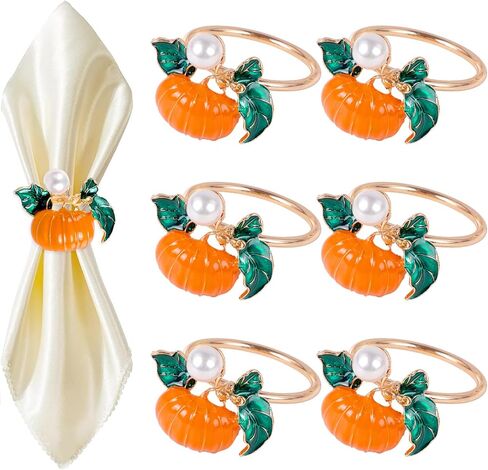 Emivery Fall Napkin Rings Set of 6, Pumpkin Napkin Rings Metal Autumn Pumpkin Napkin Buckle with Pearls Dinning Table Decor for Fall Party Family Gathering Thanksgiving Halloween in Saudi Arabia