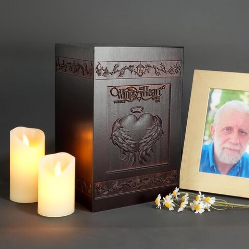 Large Wooden Urn for Adult Male Female Ashes, Decorative Cremation Urn for Human Ashes, Funeral Memorial Wooden Box Urn for Women Men with Relief Sculpture with Velvet Bag(Heart-Wings) in Saudi Arabia
